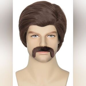 Stylish Brown News Anchor Ron Burgundy Wig with Mustache